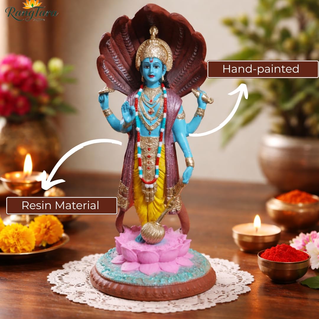 RangTara Resin Lord Vishnu on Sheshnag Idol | 12.5 Inch Antique Showpiece, Figurine for Home Pooja Mandir Decor - label detai