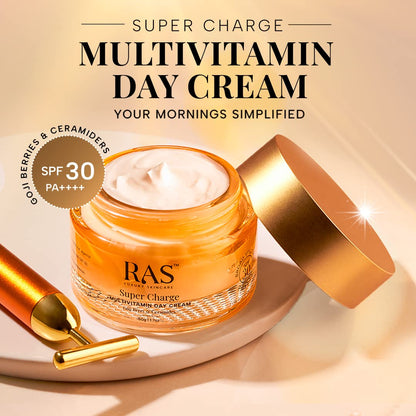RAS OILS Super Charge Day Cream SPF 30 PA++++ with Goji Berry & Ceramides, Daily Face Moisturizer for All Skin Types - front