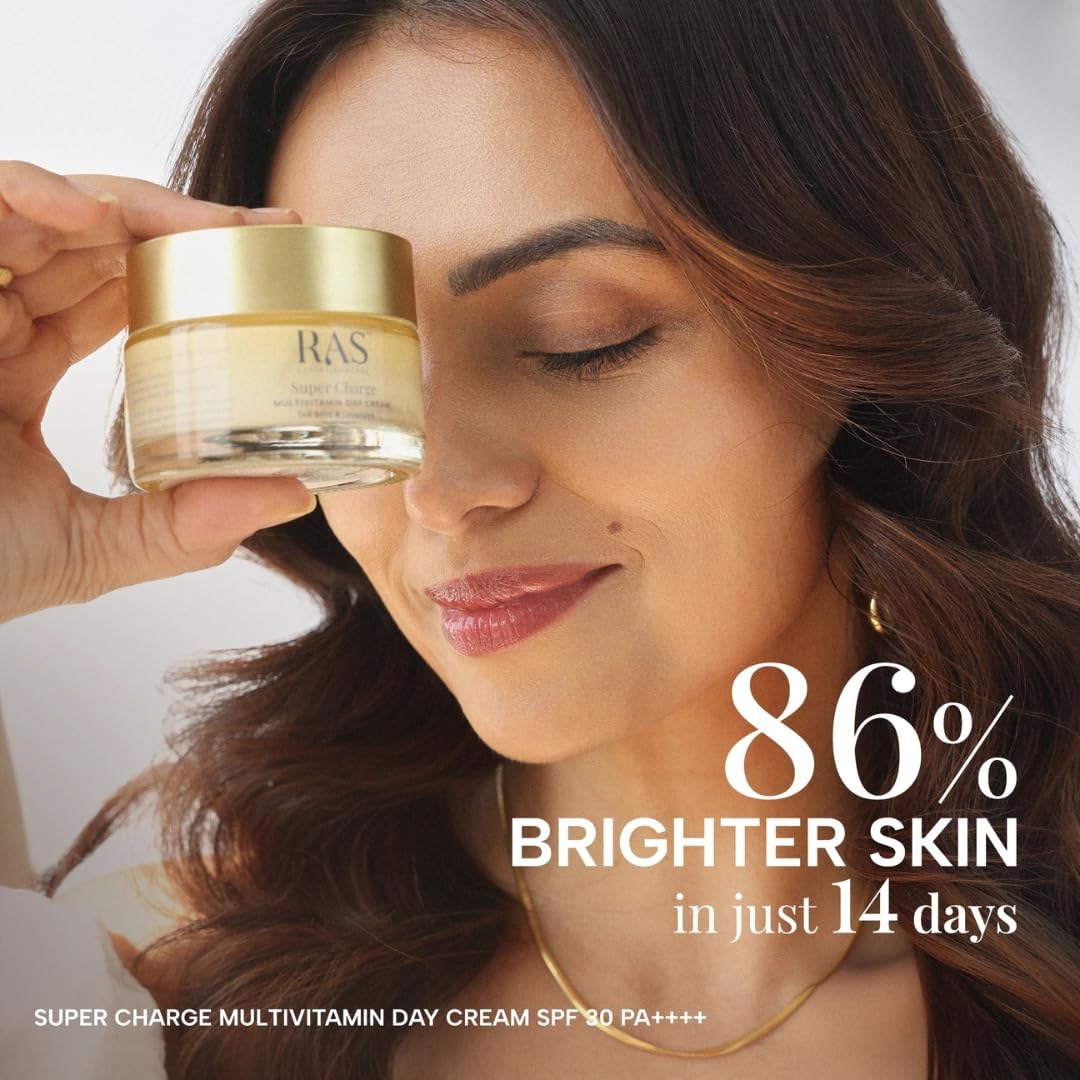 RAS OILS Super Charge Day Cream SPF 30 PA++++ with Goji Berry & Ceramides, Daily Face Moisturizer for All Skin Types - packag