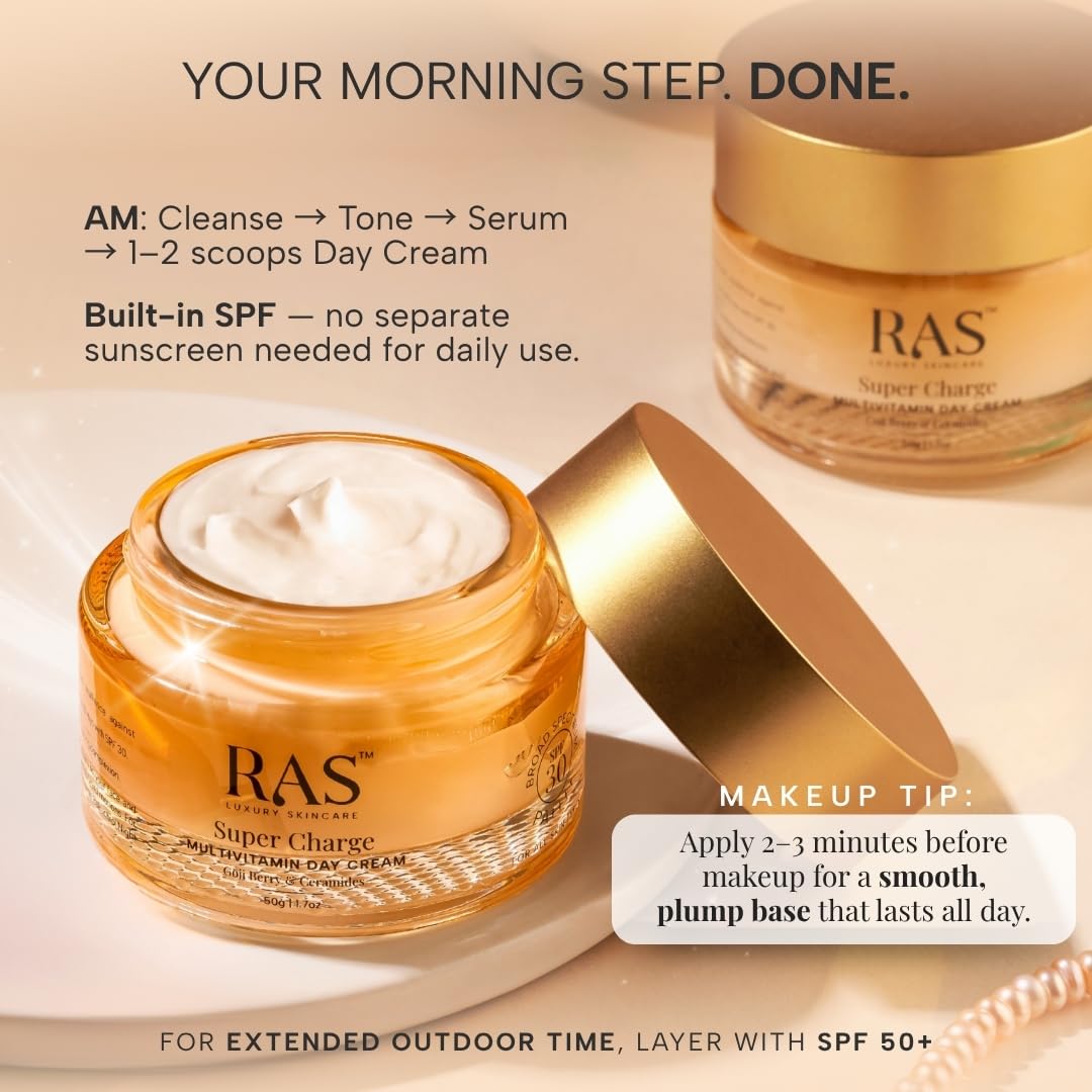RAS OILS Super Charge Day Cream SPF 30 PA++++ with Goji Berry & Ceramides, Daily Face Moisturizer for All Skin Types - close-