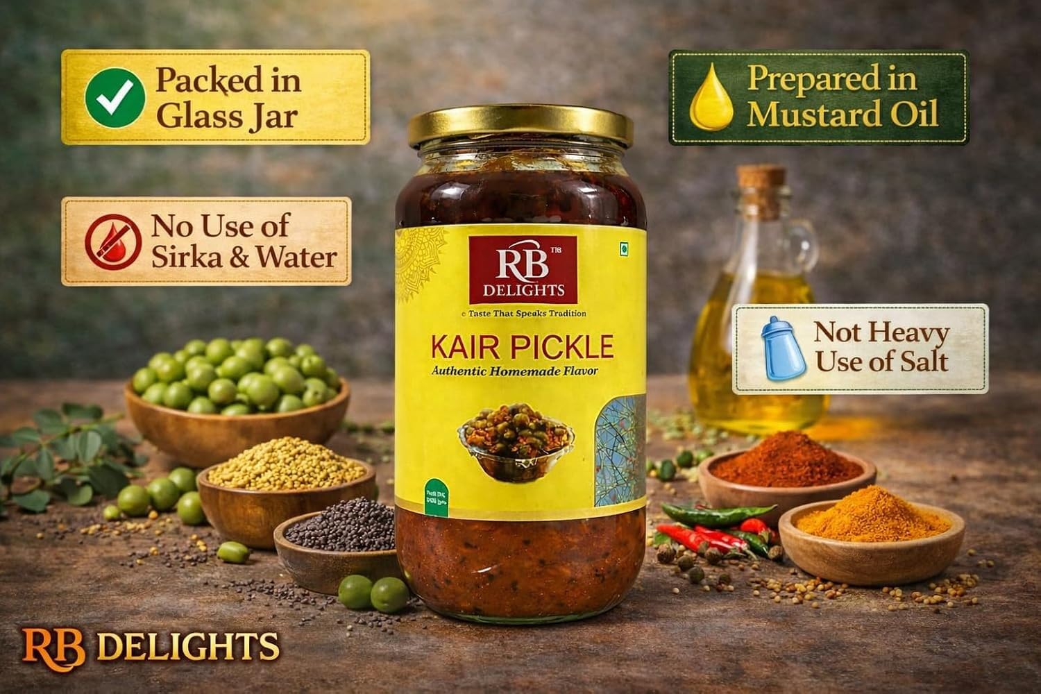 RB Delights Handmade Rajasthani Pickle Achar, No Added Preservatives, Ready to Eat Indian Pickle - front view (23)