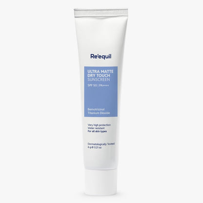 RE' EQUIL Ultra Matte Dry Touch Sunscreen Gel SPF 50 PA++++, Water & Sweat Resistant, Non-Greasy, Non-Comedogenic, For All Sk