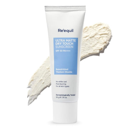 RE' EQUIL Ultra Matte Dry Touch Sunscreen Gel SPF 50 PA++++, Water & Sweat Resistant, Non-Greasy, Non-Comedogenic, For All Sk