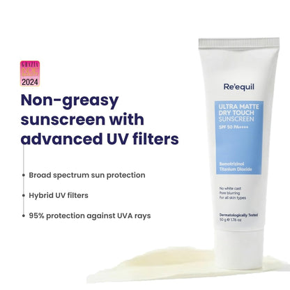 RE' EQUIL Ultra Matte Dry Touch Sunscreen Gel SPF 50 PA++++, Water & Sweat Resistant, Non-Greasy, Non-Comedogenic, For All Sk