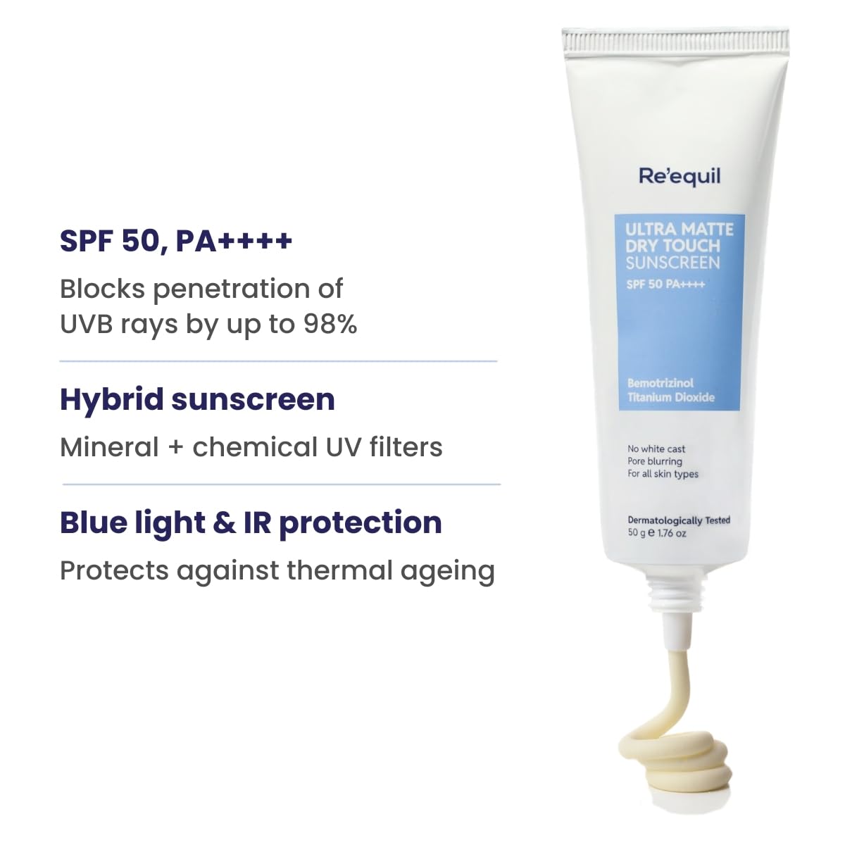 RE' EQUIL Ultra Matte Dry Touch Sunscreen Gel SPF 50 PA++++, Water & Sweat Resistant, Non-Greasy, Non-Comedogenic, For All Sk