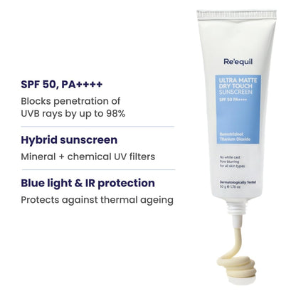 RE' EQUIL Ultra Matte Dry Touch Sunscreen Gel SPF 50 PA++++, Water & Sweat Resistant, Non-Greasy, Non-Comedogenic, For All Sk