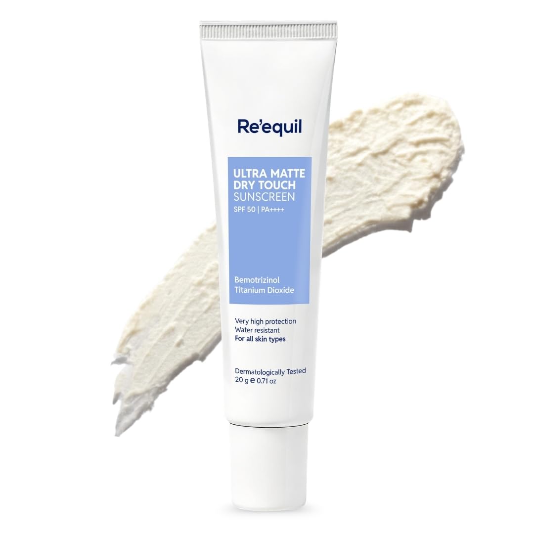 RE' EQUIL Ultra Matte Dry Touch Sunscreen Gel SPF 50 PA++++, Water & Sweat Resistant, Non-Greasy, Non-Comedogenic, For All Sk