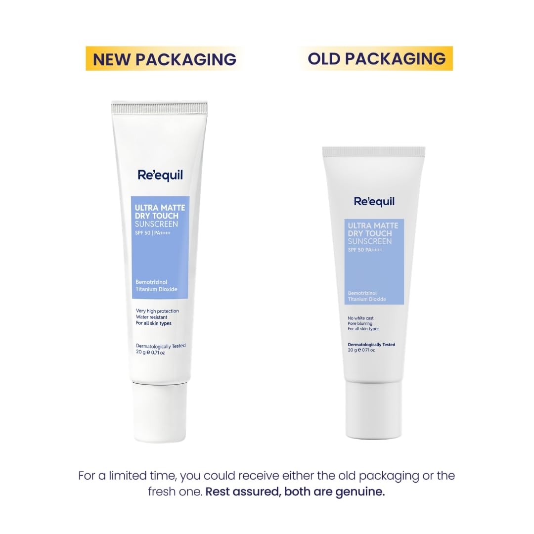 RE' EQUIL Ultra Matte Dry Touch Sunscreen Gel SPF 50 PA++++, Water & Sweat Resistant, Non-Greasy, Non-Comedogenic, For All Sk