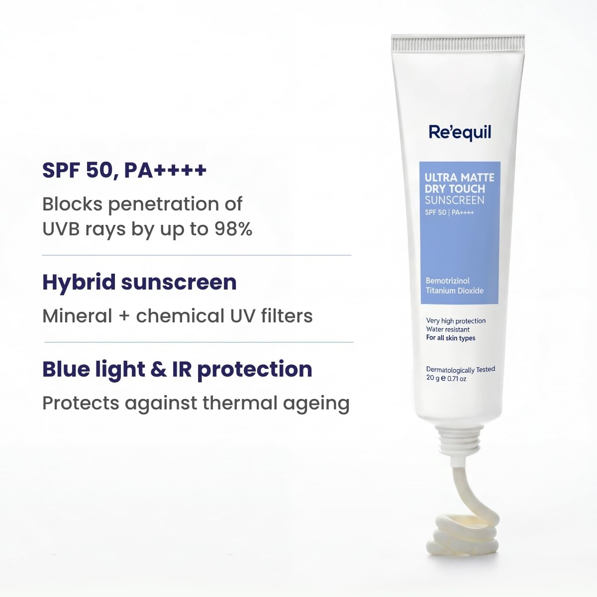 RE' EQUIL Ultra Matte Dry Touch Sunscreen Gel SPF 50 PA++++, Water & Sweat Resistant, Non-Greasy, Non-Comedogenic, For All Sk