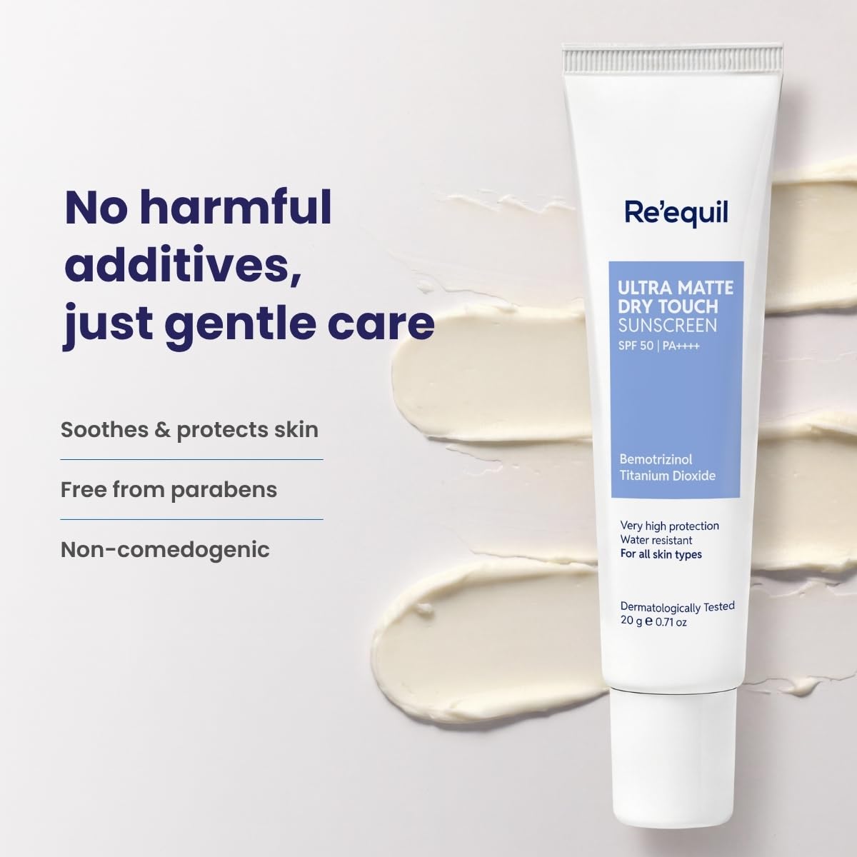 RE' EQUIL Ultra Matte Dry Touch Sunscreen Gel SPF 50 PA++++, Water & Sweat Resistant, Non-Greasy, Non-Comedogenic, For All Sk
