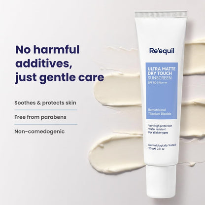 RE' EQUIL Ultra Matte Dry Touch Sunscreen Gel SPF 50 PA++++, Water & Sweat Resistant, Non-Greasy, Non-Comedogenic, For All Sk