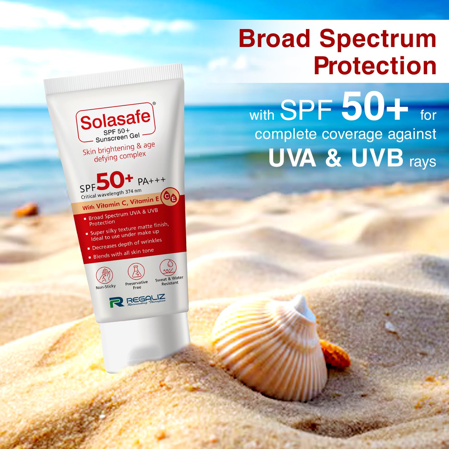 Regaliz Sunscreen SPF 50+ Broad Spectrum Water-Resistant Lightweight Formula, 50g - label detail