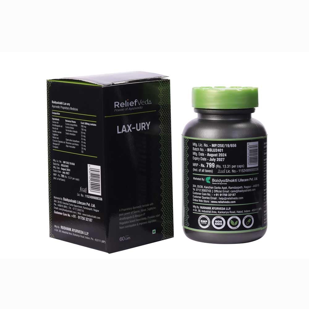 Reliefveda Lax-Ury Ayurvedic Herbal Supplement with Sannai and Harad, 60 Vegetarian Capsules - front view