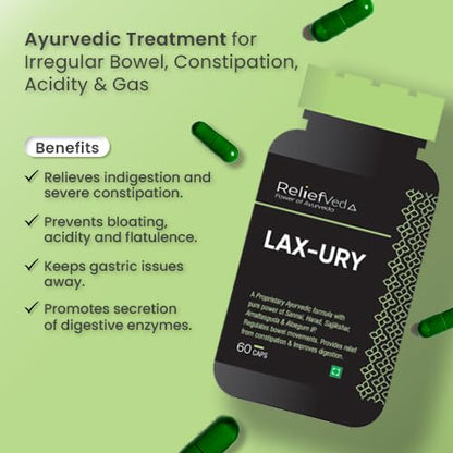 Reliefveda Lax-Ury Ayurvedic Herbal Supplement with Sannai and Harad, 60 Vegetarian Capsules - packaging