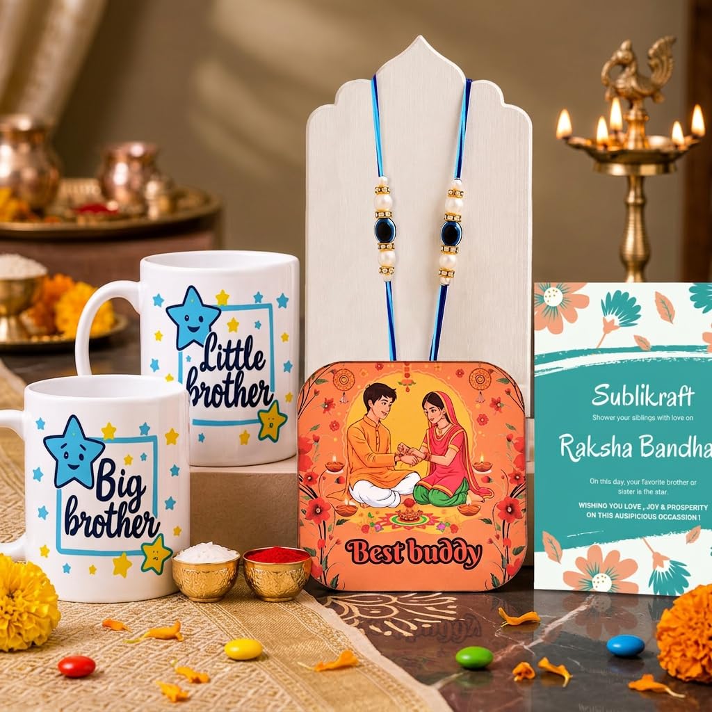 RENOVELIX Rakhi for Brother Gift Set for Big Brother & Little Brother | 2 Ceramic Printed Mugs, 2 Evil Eye Rakhis, Fridge Mag