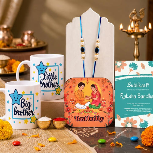 RENOVELIX Rakhi for Brother Gift Set for Big Brother & Little Brother | 2 Ceramic Printed Mugs, 2 Evil Eye Rakhis, Fridge Mag