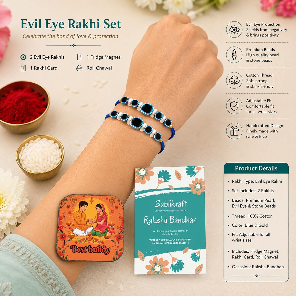 RENOVELIX Rakhi for Brother Gift Set for Big Brother & Little Brother | 2 Ceramic Printed Mugs, 2 Evil Eye Rakhis, Fridge Mag