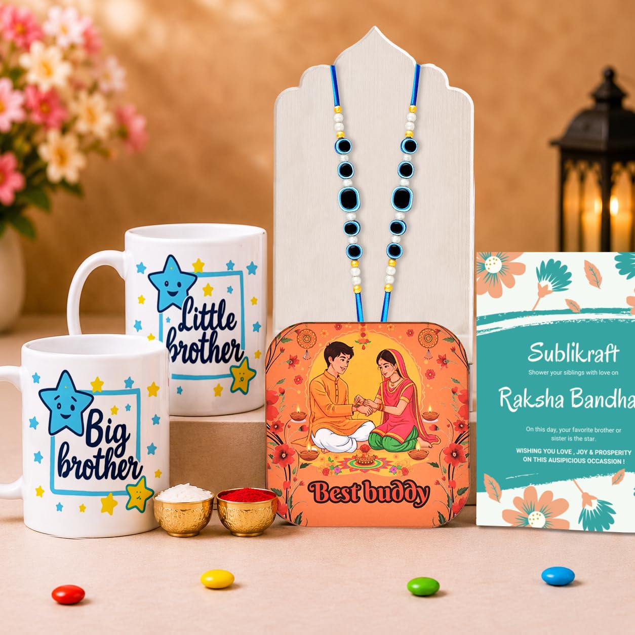 RENOVELIX Rakhi for Brother Gift Set for Big Brother & Little Brother | 2 Ceramic Printed Mugs, 2 Evil Eye Rakhis, Fridge Mag