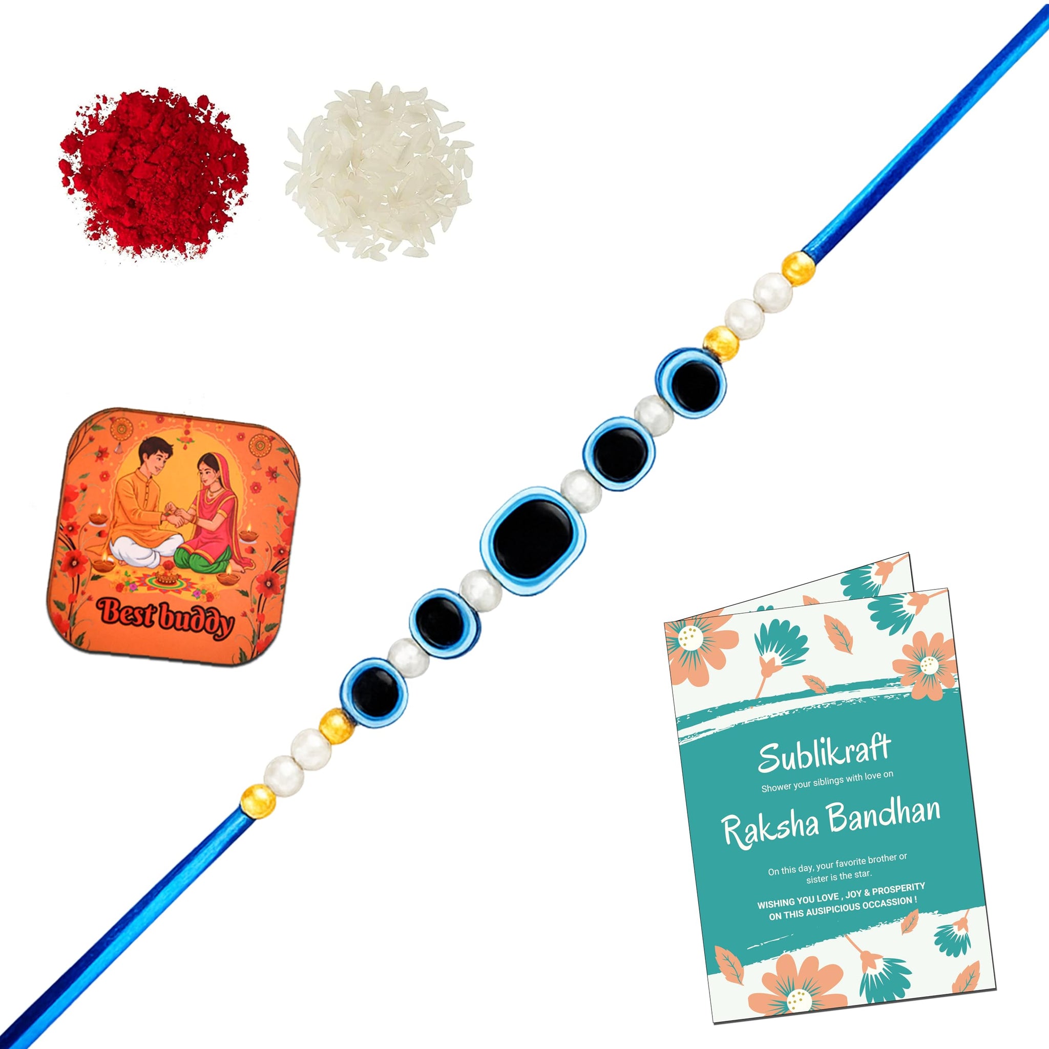 RENOVELIX Rakhi for Brother Gift Set for Big Brother & Little Brother | 2 Ceramic Printed Mugs, 2 Evil Eye Rakhis, Fridge Mag