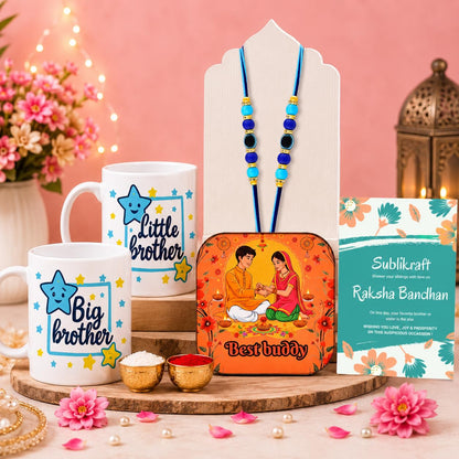 RENOVELIX Rakhi for Brother Gift Set for Big Brother & Little Brother | 2 Ceramic Printed Mugs, 2 Evil Eye Rakhis, Fridge Mag