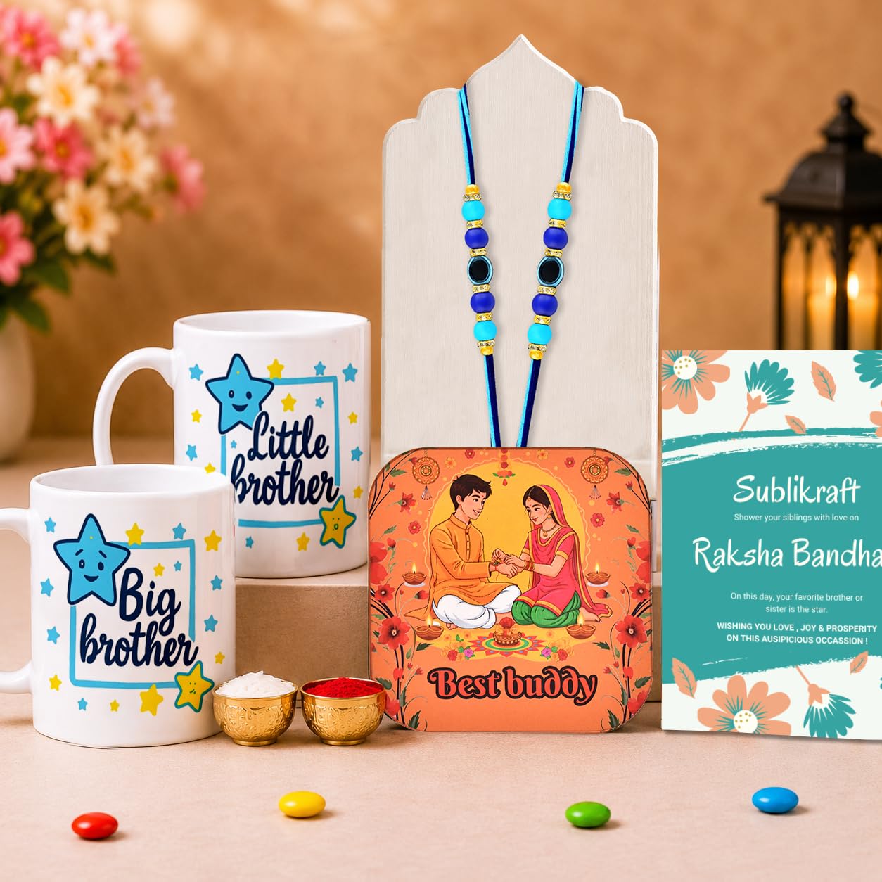 RENOVELIX Rakhi for Brother Gift Set for Big Brother & Little Brother | 2 Ceramic Printed Mugs, 2 Evil Eye Rakhis, Fridge Mag
