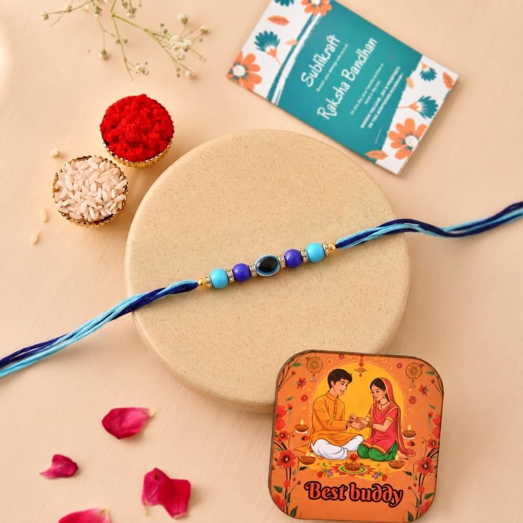 RENOVELIX Rakhi for Brother Gift Set for Big Brother & Little Brother | 2 Ceramic Printed Mugs, 2 Evil Eye Rakhis, Fridge Mag