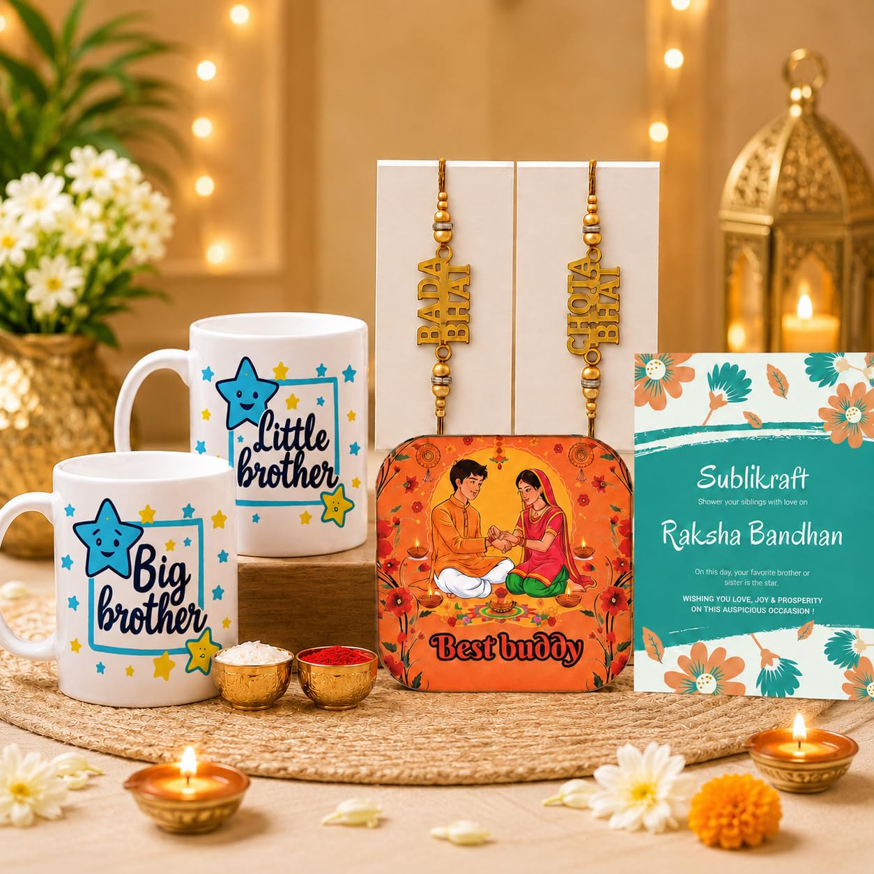 RENOVELIX Rakhi for Brother Gift Set for Big Brother & Little Brother | 2 Ceramic Printed Mugs, 2 Evil Eye Rakhis, Fridge Mag