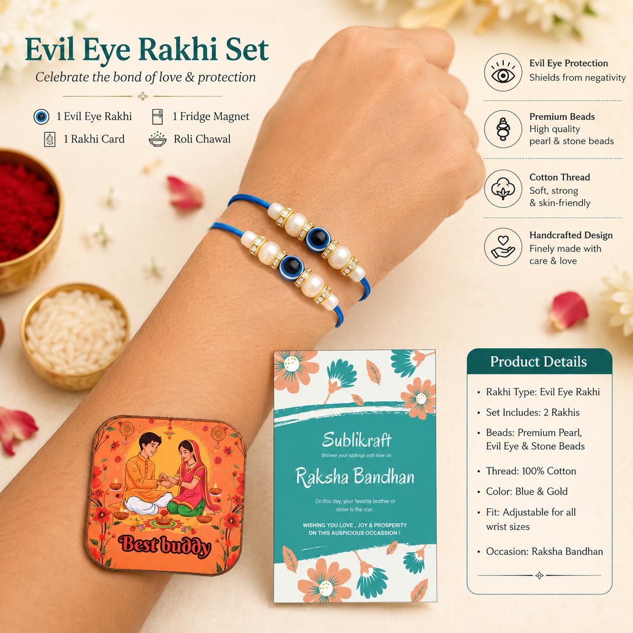 RENOVELIX Rakhi for Brother Gift Set for Big Brother & Little Brother | 2 Ceramic Printed Mugs, 2 Evil Eye Rakhis, Fridge Mag