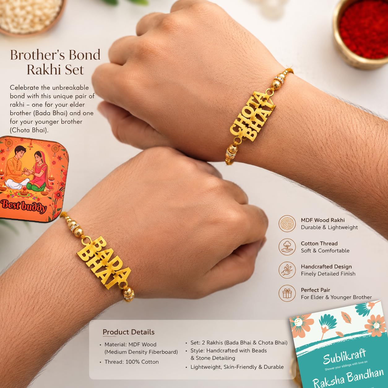 RENOVELIX Rakhi for Brother Gift Set for Big Brother & Little Brother | 2 Ceramic Printed Mugs, 2 Evil Eye Rakhis, Fridge Mag