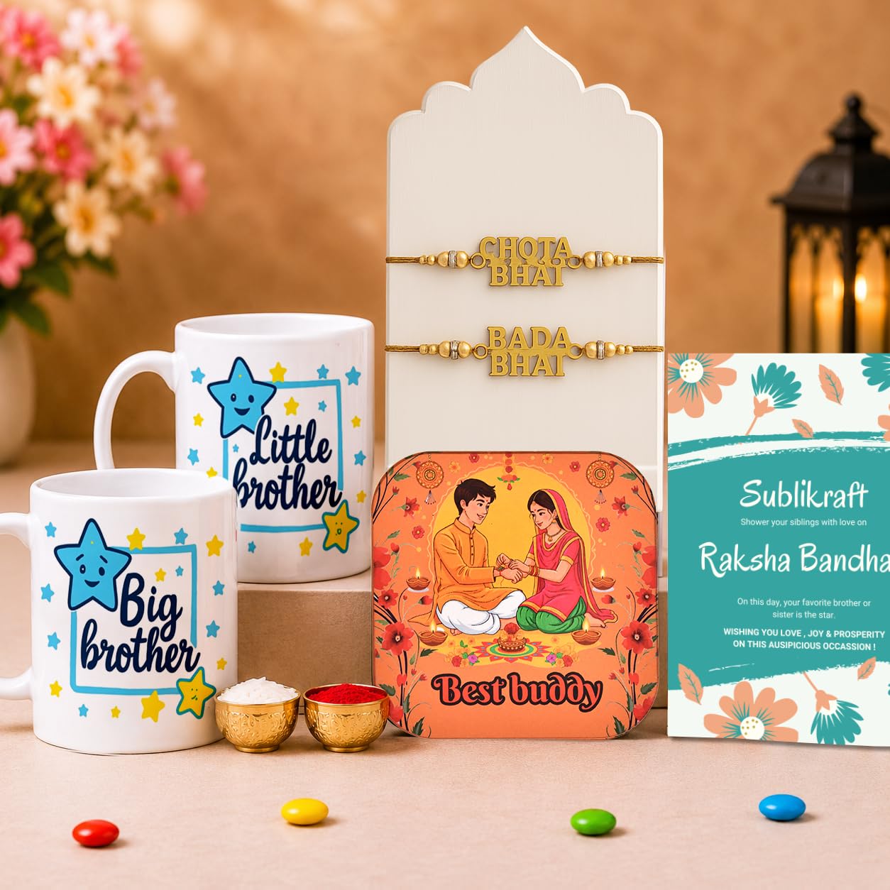 RENOVELIX Rakhi for Brother Gift Set for Big Brother & Little Brother | 2 Ceramic Printed Mugs, 2 Evil Eye Rakhis, Fridge Mag