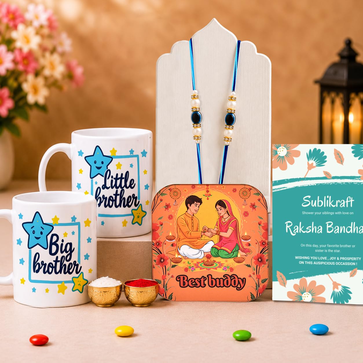 RENOVELIX Rakhi for Brother Gift Set for Big Brother & Little Brother | 2 Ceramic Printed Mugs, 2 Evil Eye Rakhis, Fridge Mag