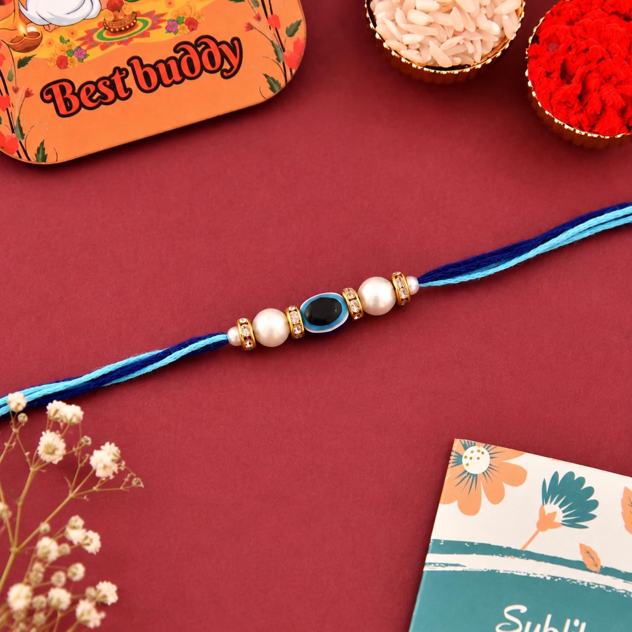 RENOVELIX Rakhi for Brother Gift Set for Big Brother & Little Brother | 2 Ceramic Printed Mugs, 2 Evil Eye Rakhis, Fridge Mag