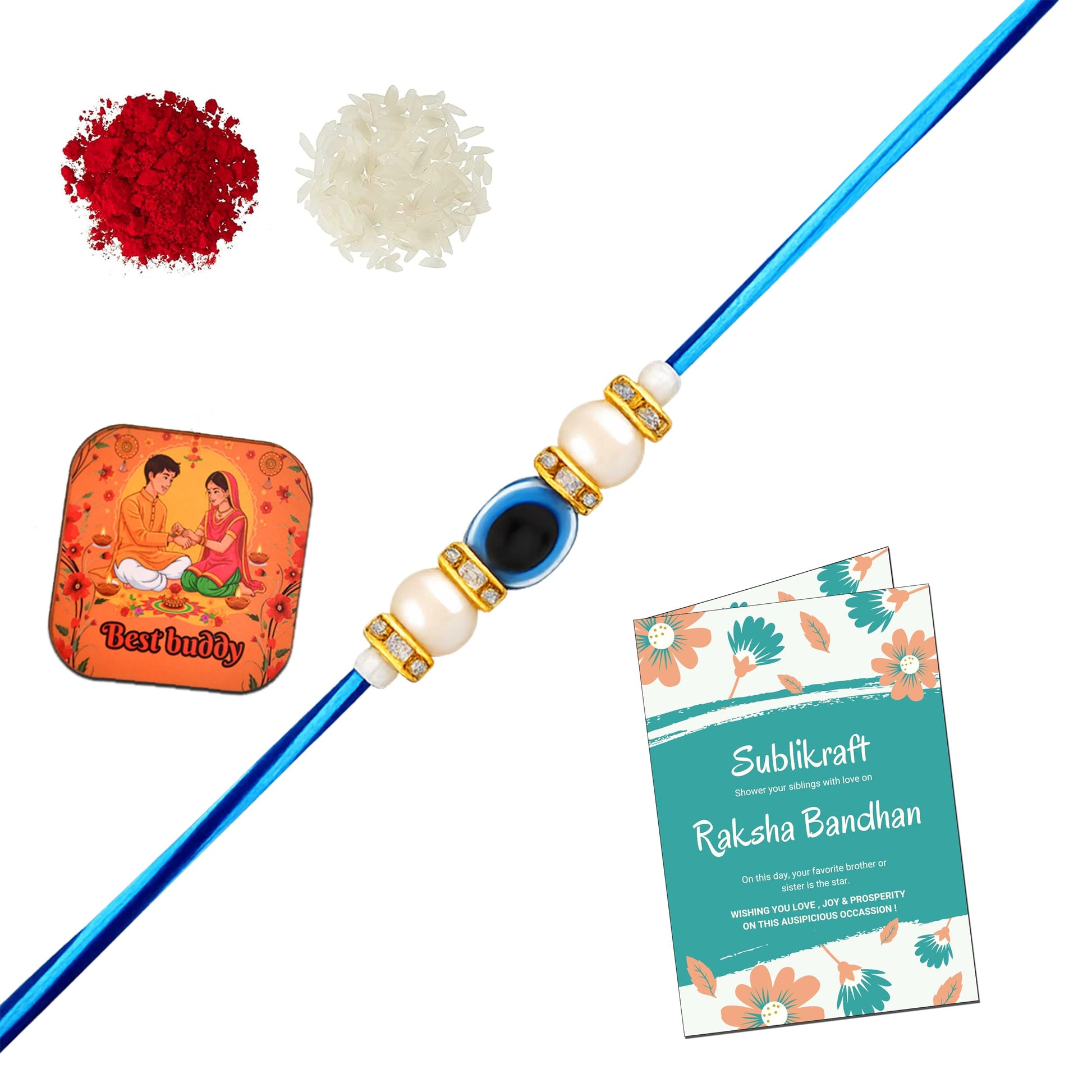 RENOVELIX Rakhi for Brother Gift Set for Big Brother & Little Brother | 2 Ceramic Printed Mugs, 2 Evil Eye Rakhis, Fridge Mag