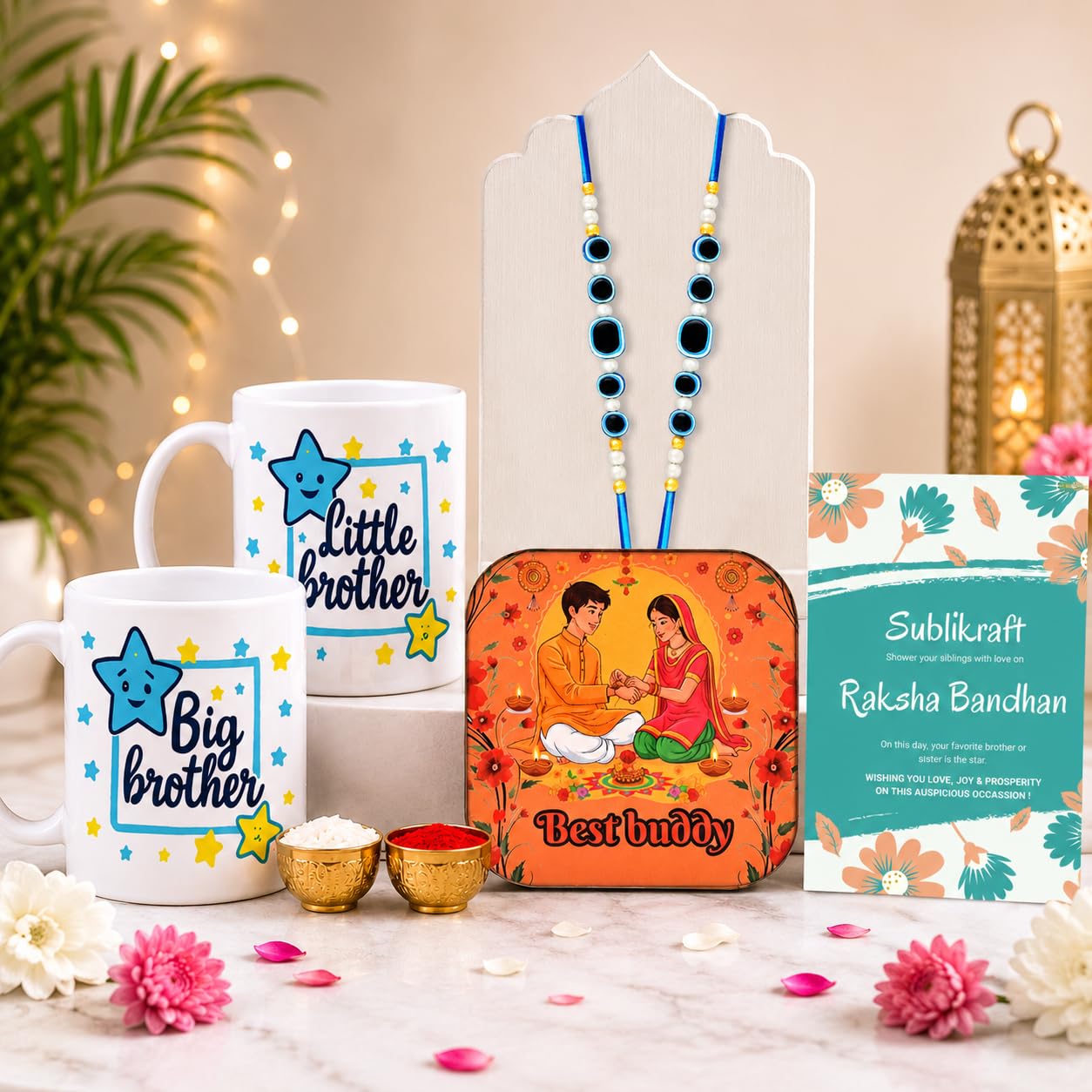 RENOVELIX Rakhi for Brother Gift Set for Big Brother & Little Brother | 2 Ceramic Printed Mugs, 2 Evil Eye Rakhis, Fridge Mag