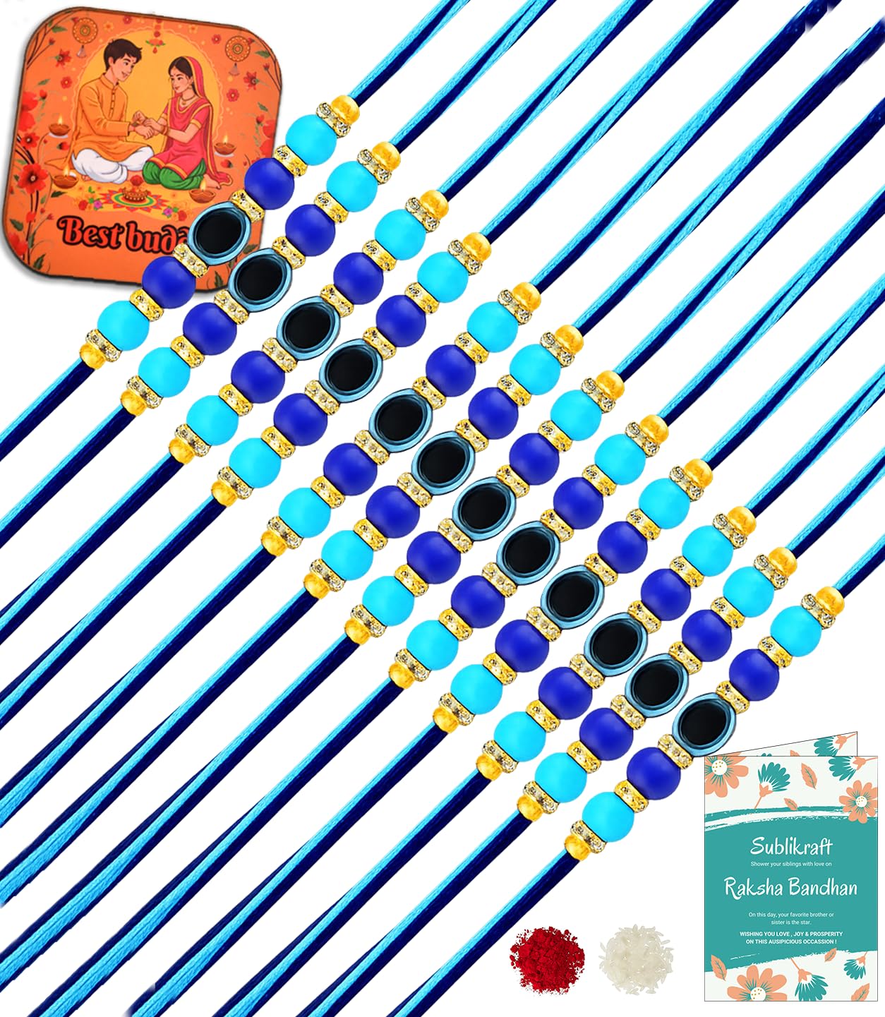 RENOVELIX Rakhi for Brother Set of 12 Evil Eye with Roli Chawal, 1 Printed Fridge Magnet & Greeting Card Combo Pack | Rakshab