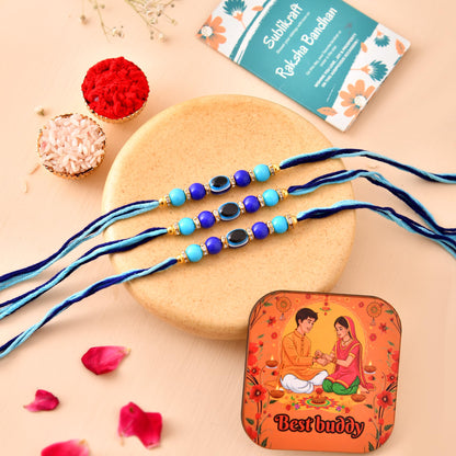 RENOVELIX Rakhi for Brother Set of 12 Evil Eye with Roli Chawal, 1 Printed Fridge Magnet & Greeting Card Combo Pack | Rakshab