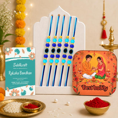 RENOVELIX Rakhi for Brother Set of 12 Evil Eye with Roli Chawal, 1 Printed Fridge Magnet & Greeting Card Combo Pack | Rakshab