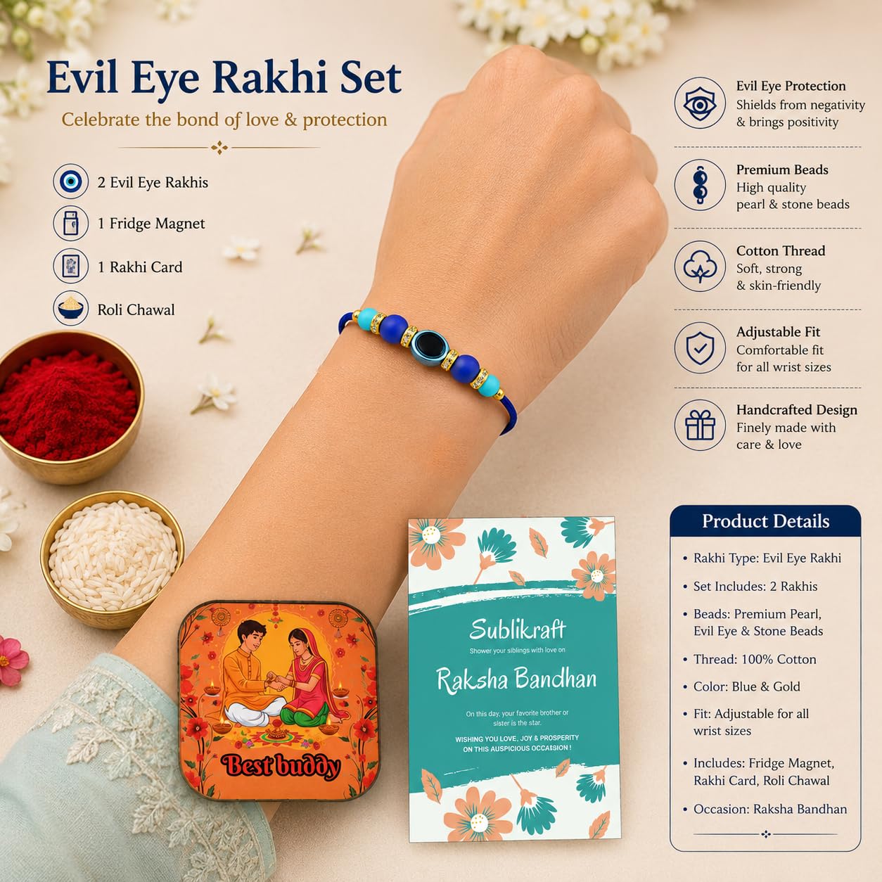 RENOVELIX Rakhi for Brother Set of 12 Evil Eye with Roli Chawal, 1 Printed Fridge Magnet & Greeting Card Combo Pack | Rakshab