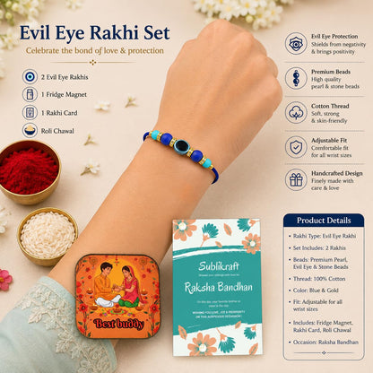 RENOVELIX Rakhi for Brother Set of 12 Evil Eye with Roli Chawal, 1 Printed Fridge Magnet & Greeting Card Combo Pack | Rakshab