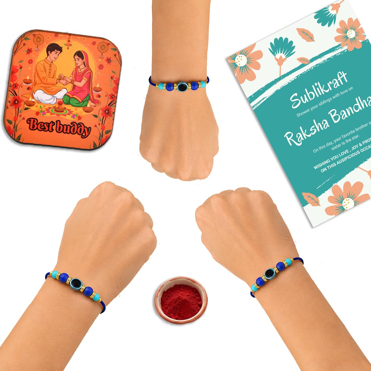 RENOVELIX Rakhi for Brother Set of 12 Evil Eye with Roli Chawal, 1 Printed Fridge Magnet & Greeting Card Combo Pack | Rakshab