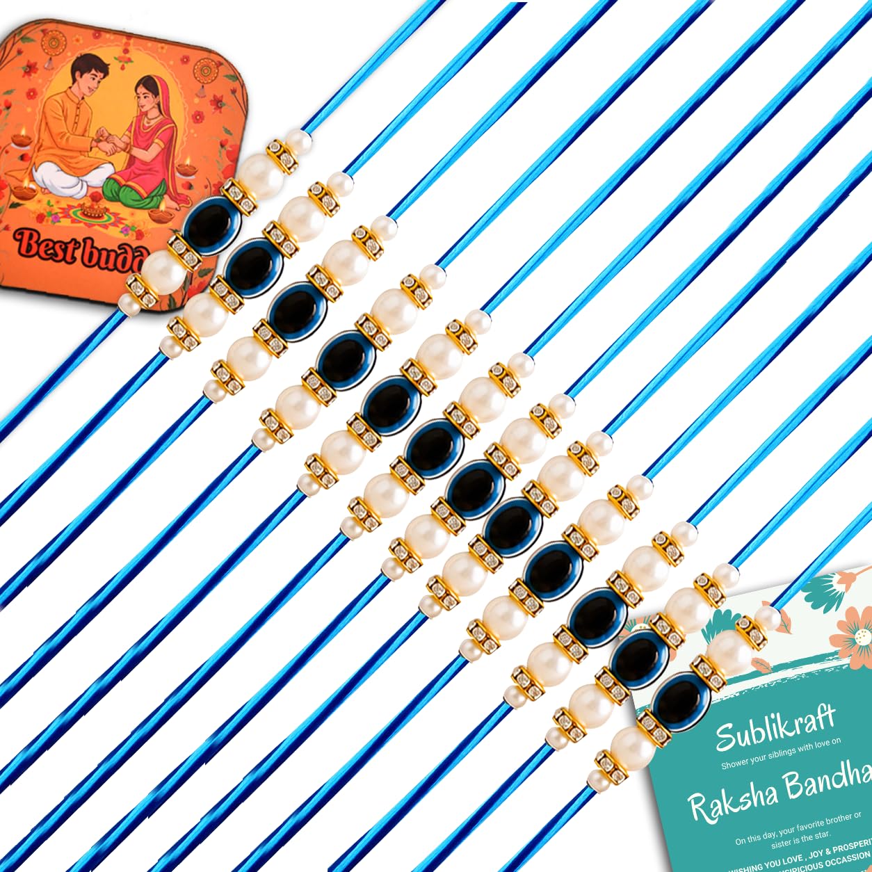 RENOVELIX Rakhi for Brother Set of 12 Evil Eye with Roli Chawal, 1 Printed Fridge Magnet & Greeting Card Combo Pack | Rakshab