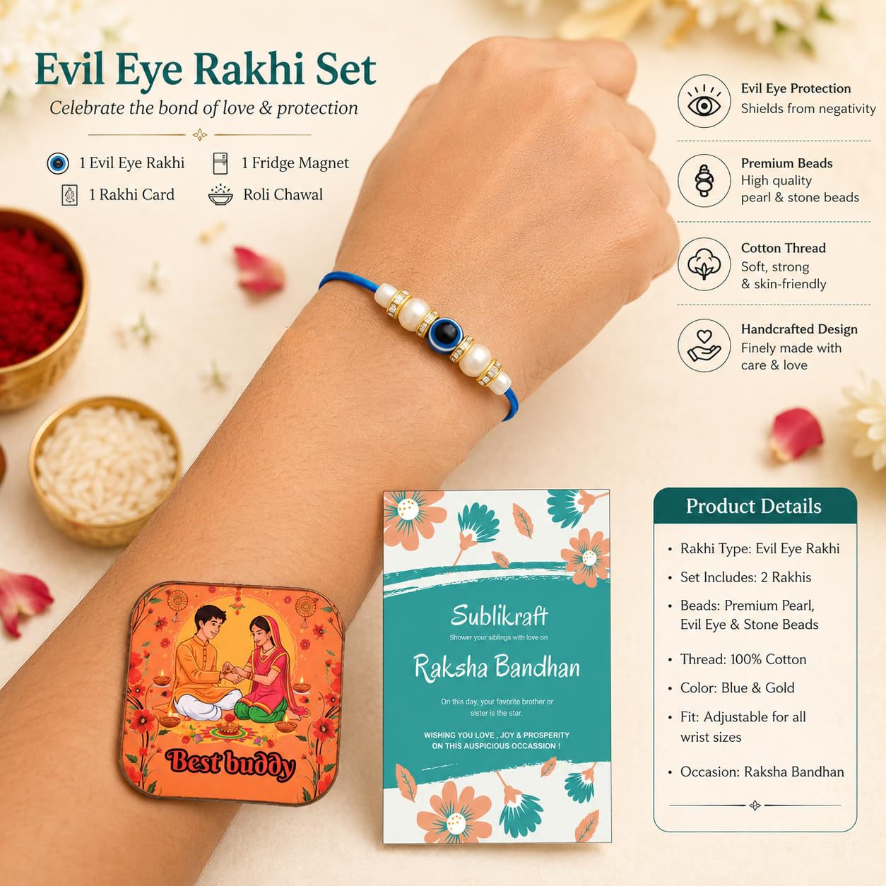 RENOVELIX Rakhi for Brother Set of 12 Evil Eye with Roli Chawal, 1 Printed Fridge Magnet & Greeting Card Combo Pack | Rakshab
