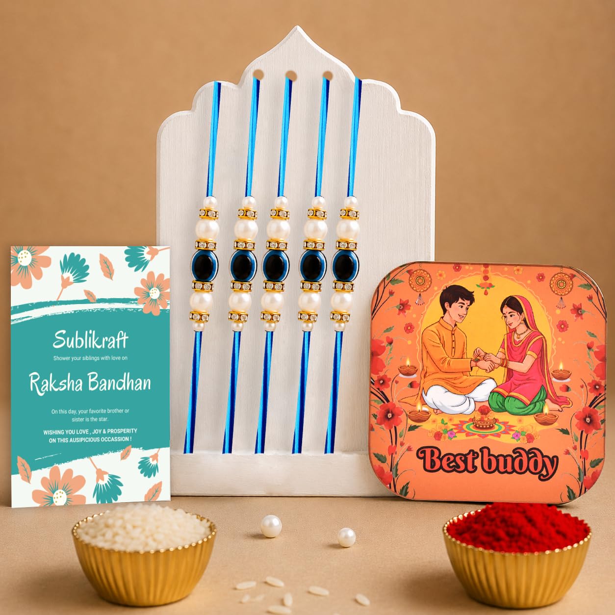 RENOVELIX Rakhi for Brother Set of 12 Evil Eye with Roli Chawal, 1 Printed Fridge Magnet & Greeting Card Combo Pack | Rakshab