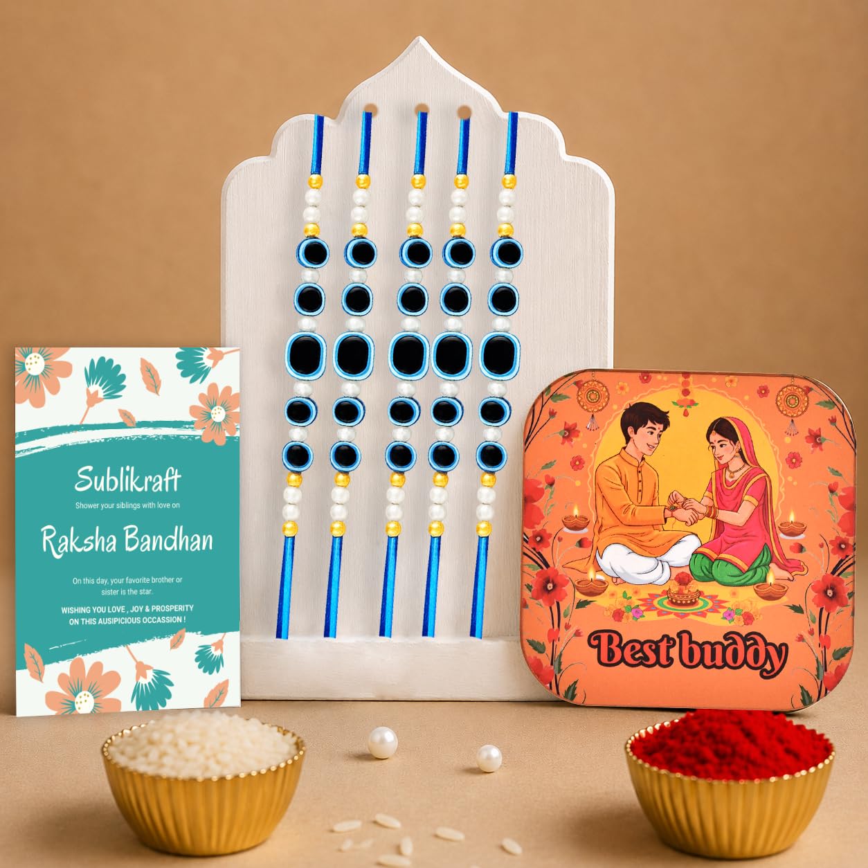 RENOVELIX Rakhi for Brother Set of 12 Evil Eye with Roli Chawal, 1 Printed Fridge Magnet & Greeting Card Combo Pack | Rakshab