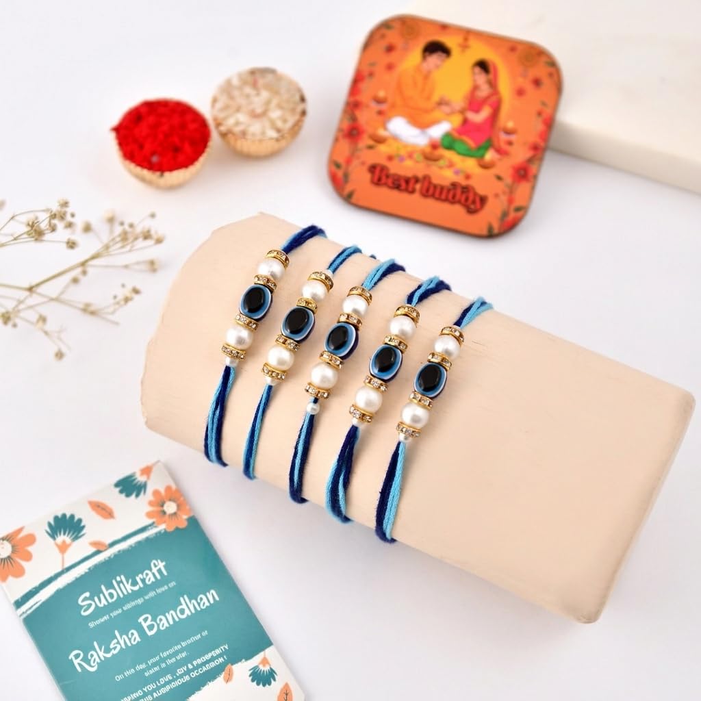 RENOVELIX Rakhi for Brother Set of 12 Evil Eye with Roli Chawal, 1 Printed Fridge Magnet & Greeting Card Combo Pack | Rakshab