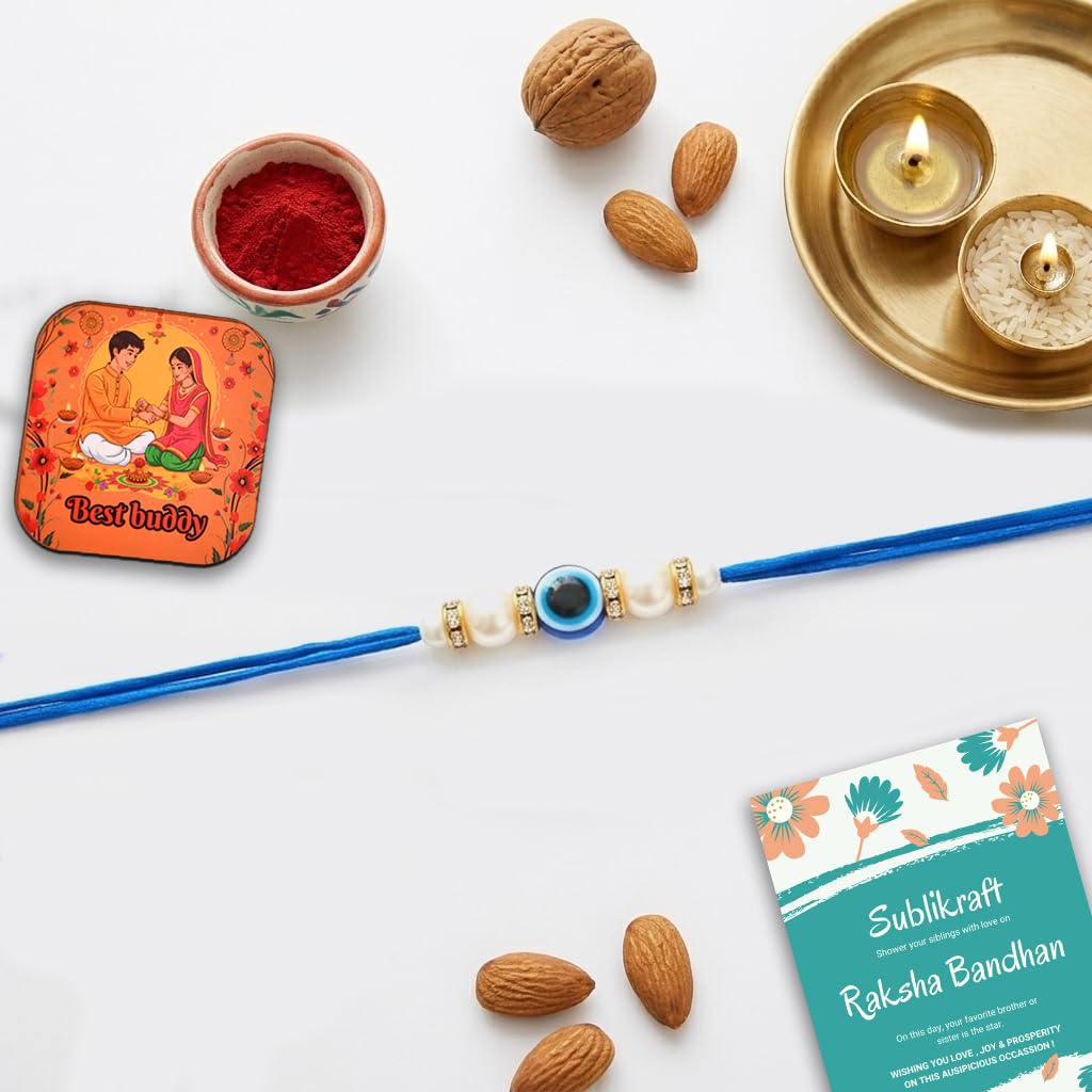 RENOVELIX Rakhi for Brother Set of 12 Evil Eye with Roli Chawal, 1 Printed Fridge Magnet & Greeting Card Combo Pack | Rakshab