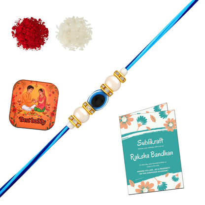 RENOVELIX Rakhi for Brother Set of 12 Evil Eye with Roli Chawal, 1 Printed Fridge Magnet & Greeting Card Combo Pack | Rakshab