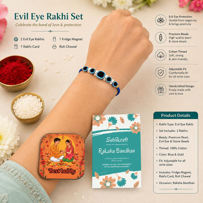 RENOVELIX Rakhi for Brother Set of 12 Evil Eye with Roli Chawal, 1 Printed Fridge Magnet & Greeting Card Combo Pack | Rakshab