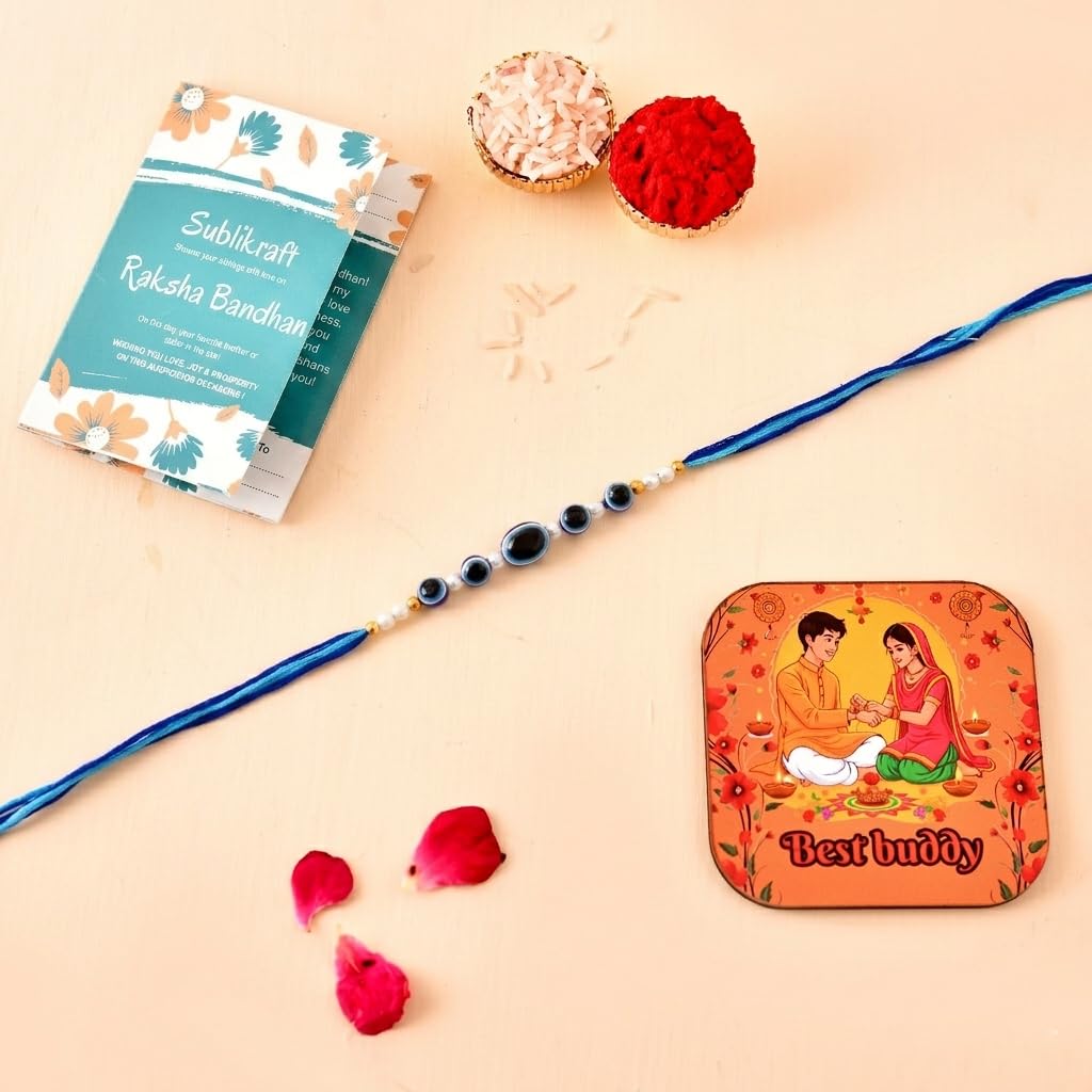 RENOVELIX Rakhi for Brother Set of 12 Evil Eye with Roli Chawal, 1 Printed Fridge Magnet & Greeting Card Combo Pack | Rakshab