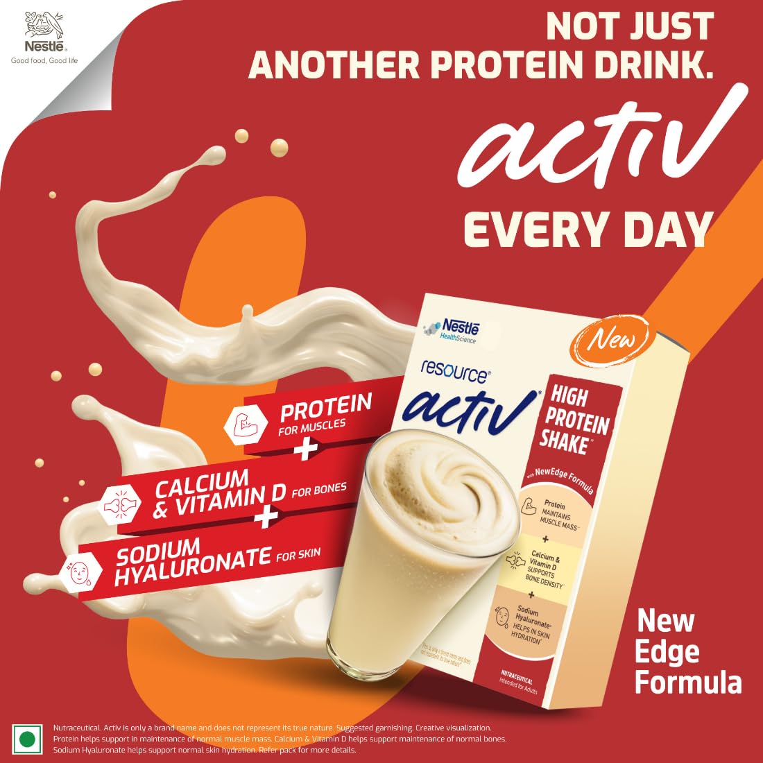 RESOURCE Nestlé Active, High Protein Shake with New Edge Formula, Vanilla Flavour, Strengthens Muscles, Bones, Immune System,